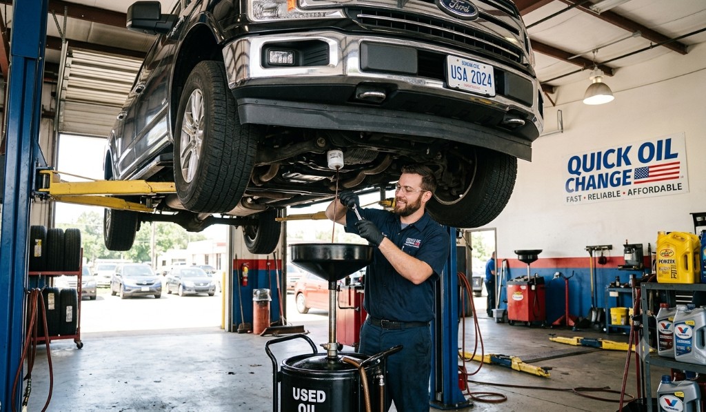 Mechanic performing a quick oil change on a raised truck