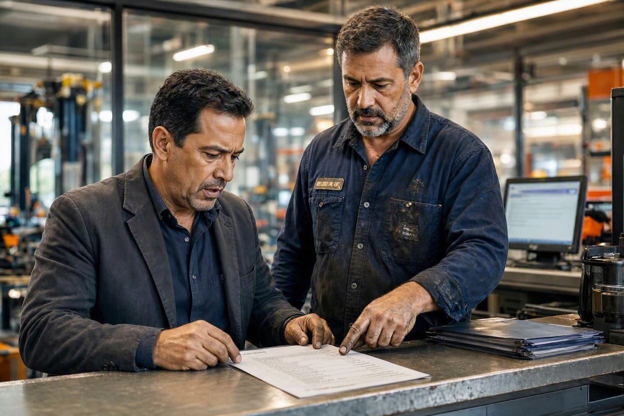 Customer looking shocked at an expensive automotive service invoice at a service counter