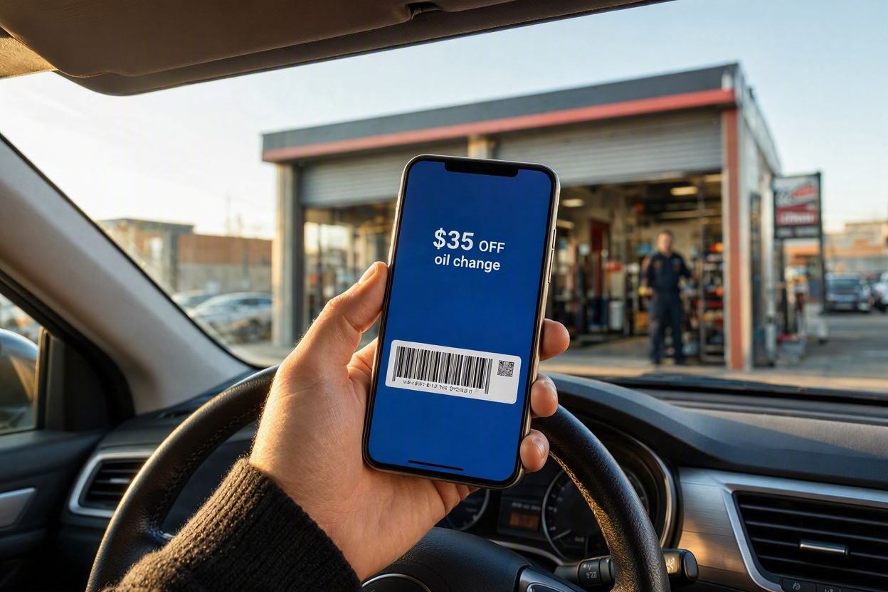 First person driver perspective holding a smartphone displaying an oil change discount barcode voucher