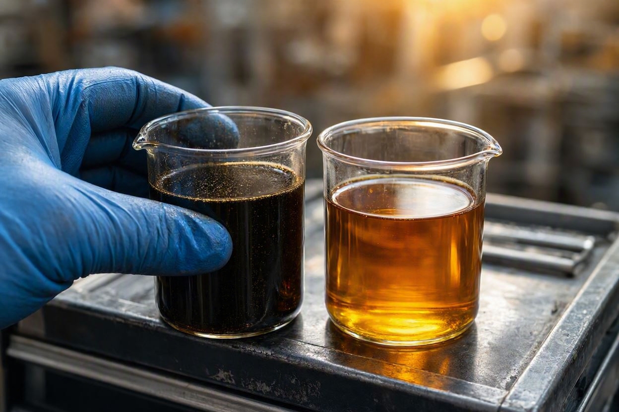 Macro photography comparing degraded black motor oil and fresh amber synthetic fluid in glass beakers