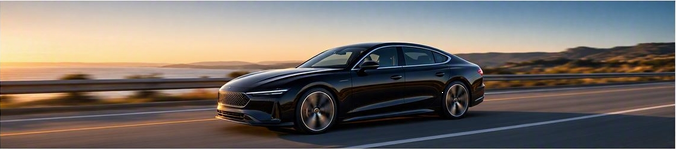 Sleek modern car driving on a scenic highway at sunset