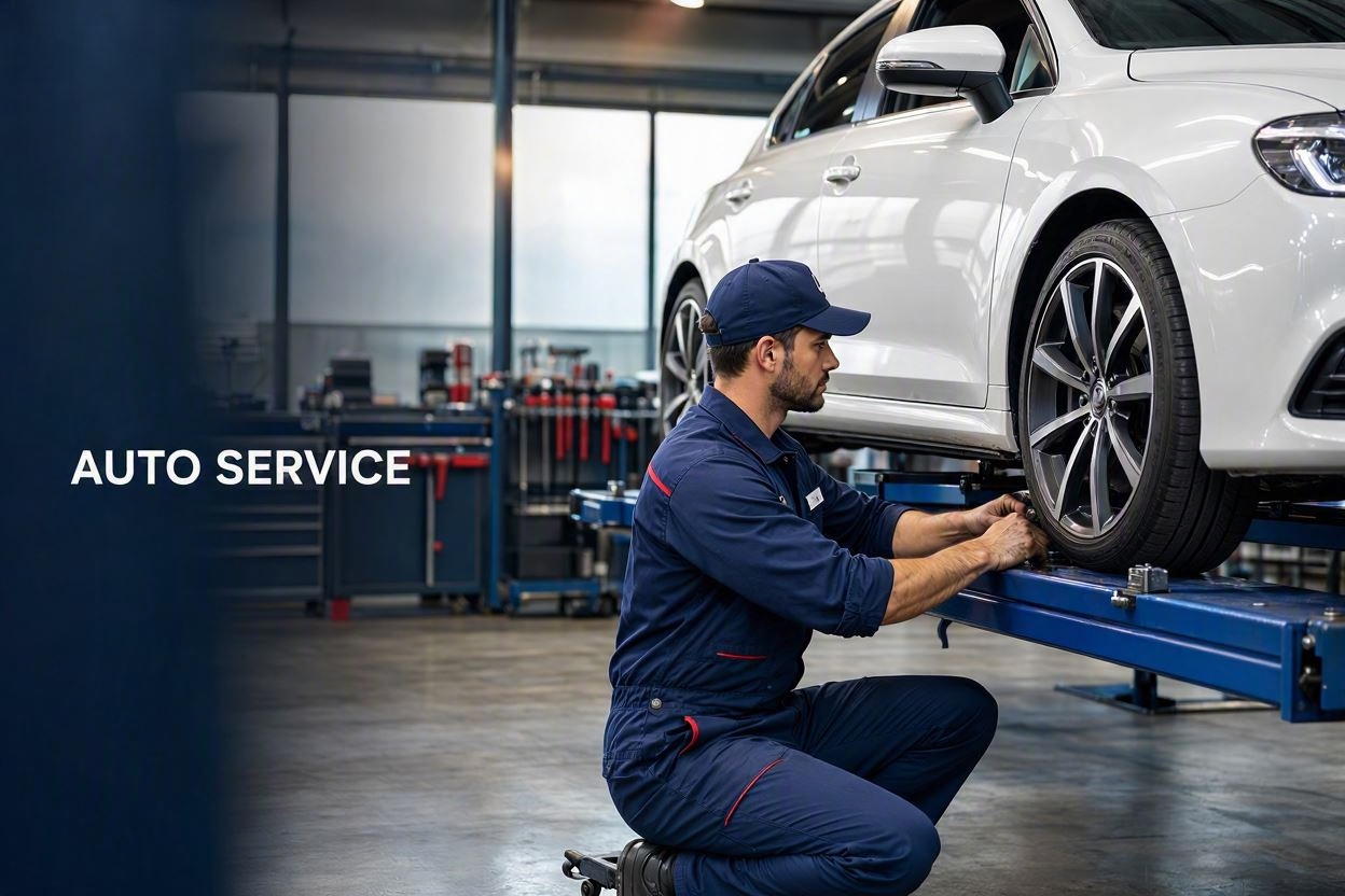 Modern auto service shop and lift banner