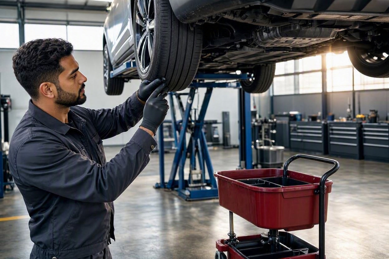 Mechanic inspecting a car on a hydraulic lift