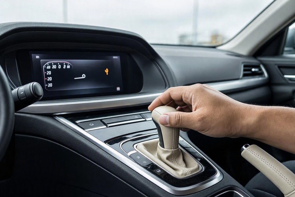 Driver hand resting on automatic transmission gear selector with maintenance indicator glowing on dashboard