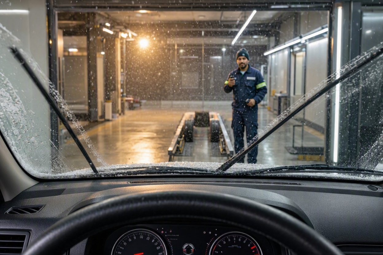 First person perspective behind the wheel driving into a warmly lit service garage bay from snowy exterior