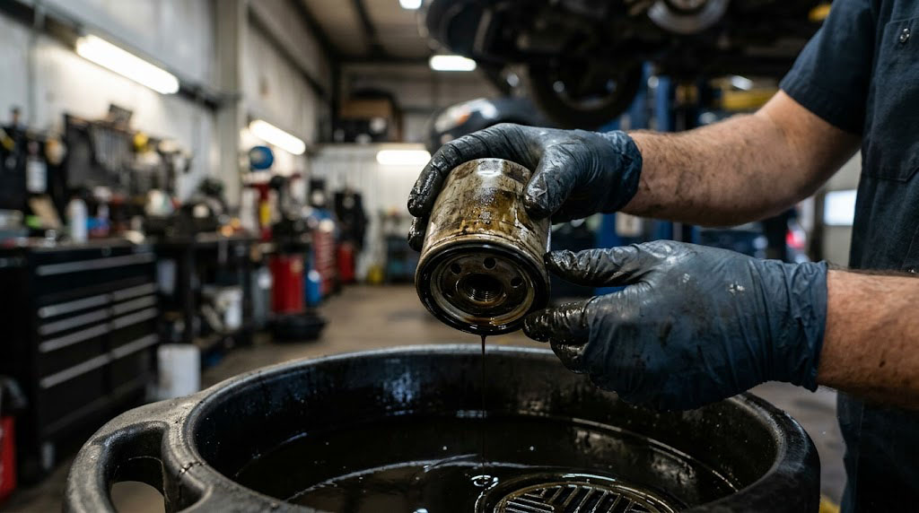 Car mechanic inspecting and replacing dirty engine oil filter to resolve low oil pressure