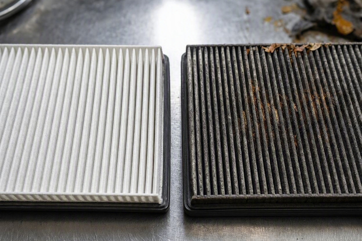 Side by side comparison of a pristine new cabin air filter and a dirty used filter