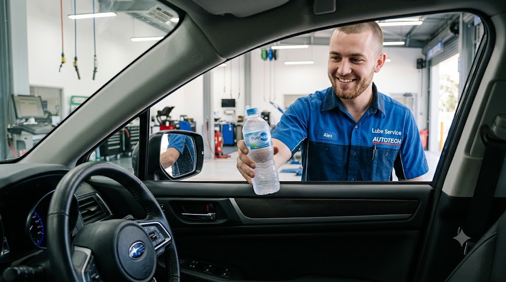 Technician handing cold complimentary water bottle to driver sitting in Take 5 oil change bay