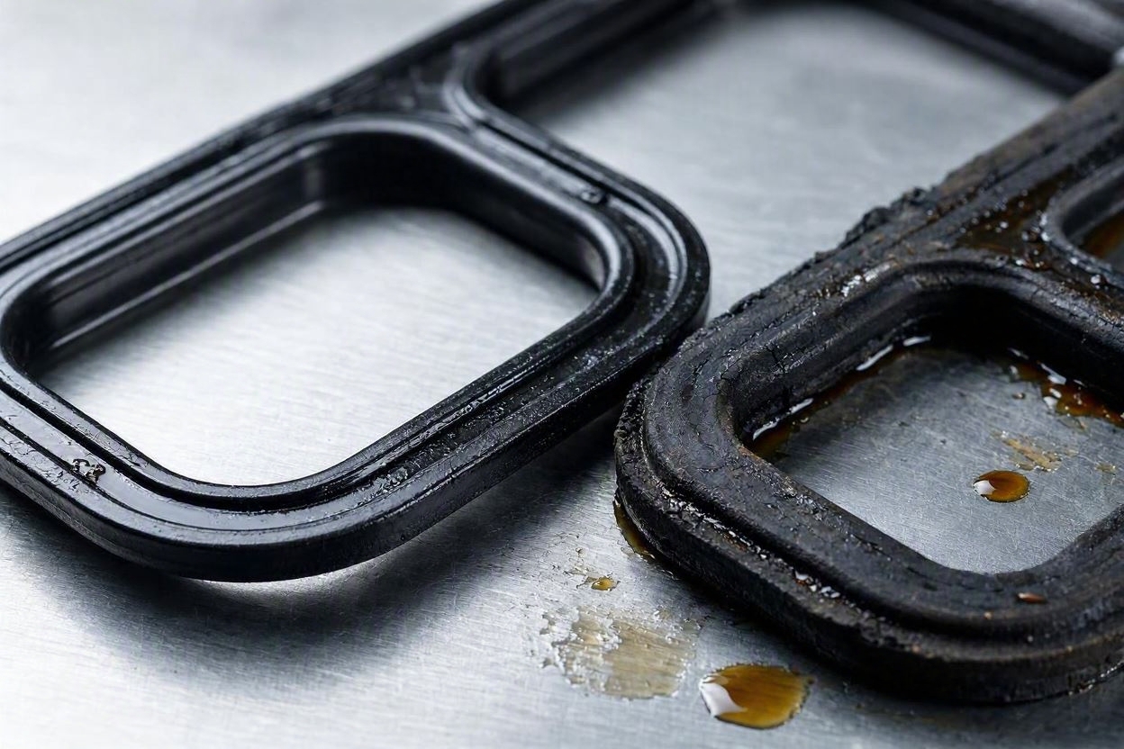 Macro photography comparing a degraded cracked rubber engine gasket with a flexible new seal