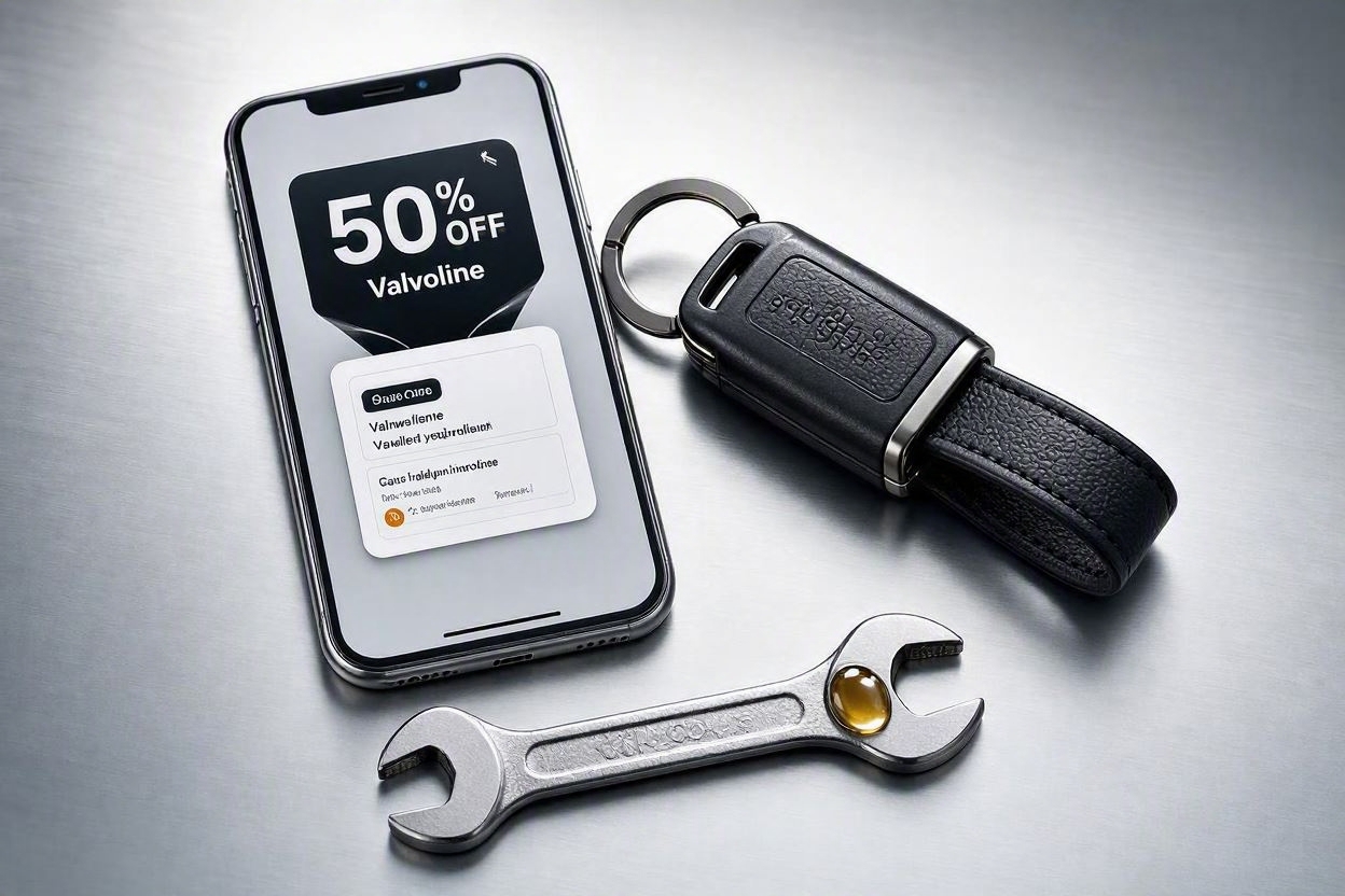 A flat-lay view of a driver's essentials kit featuring a smartphone displaying a digital 50% OFF Valvoline coupon, a leather car key fob, and a droplet of synthetic oil on a wrench