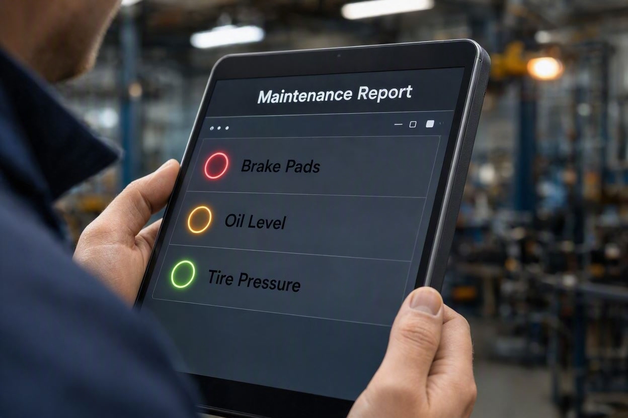 Service advisor holding a digital tablet with a color-coded vehicle inspection report