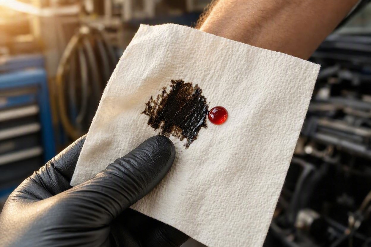 A mechanic comparing dirty and clean transmission fluid on a paper towel