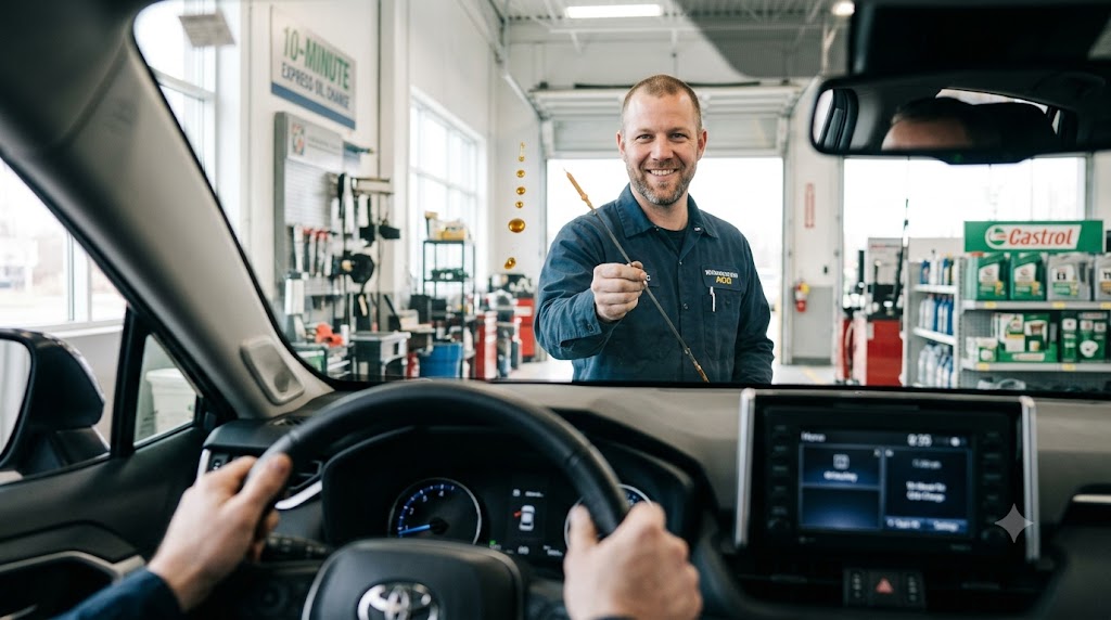 Driver inside car during a fast 10-minute stay-in-car oil change service