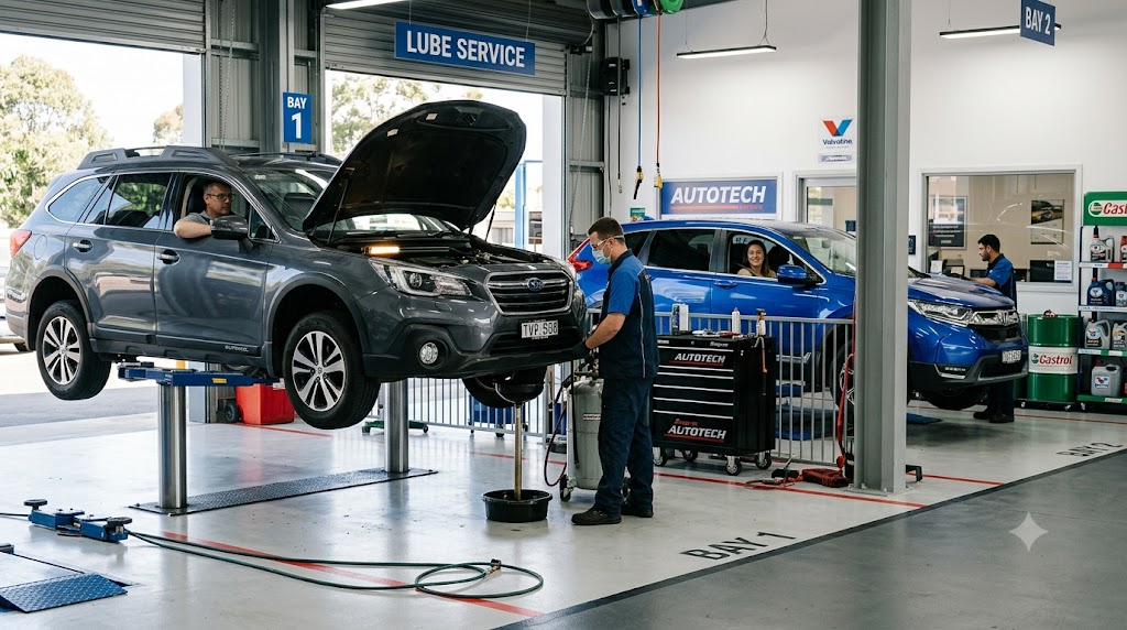 Drive-thru fast lube service bays comparison between Take 5 and Valvoline