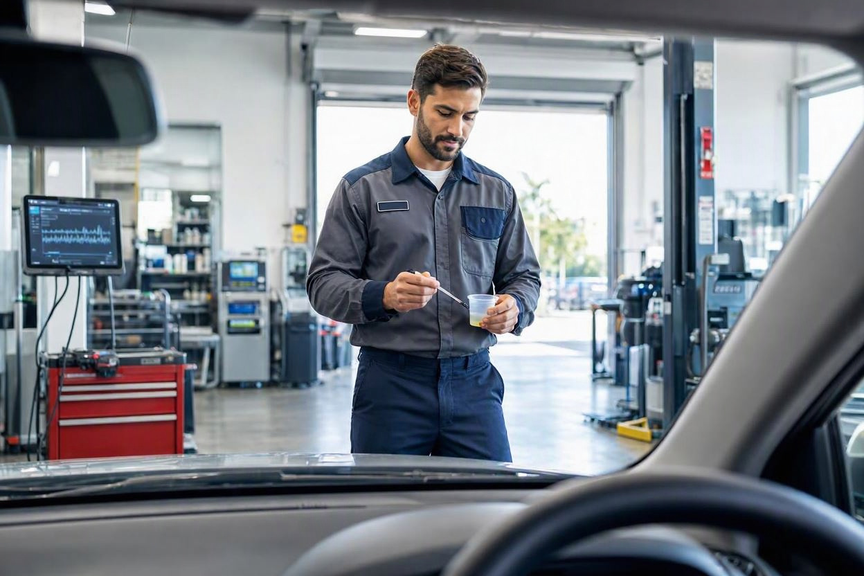 Driver point of view sitting inside car in an express drive-thru oil change service bay