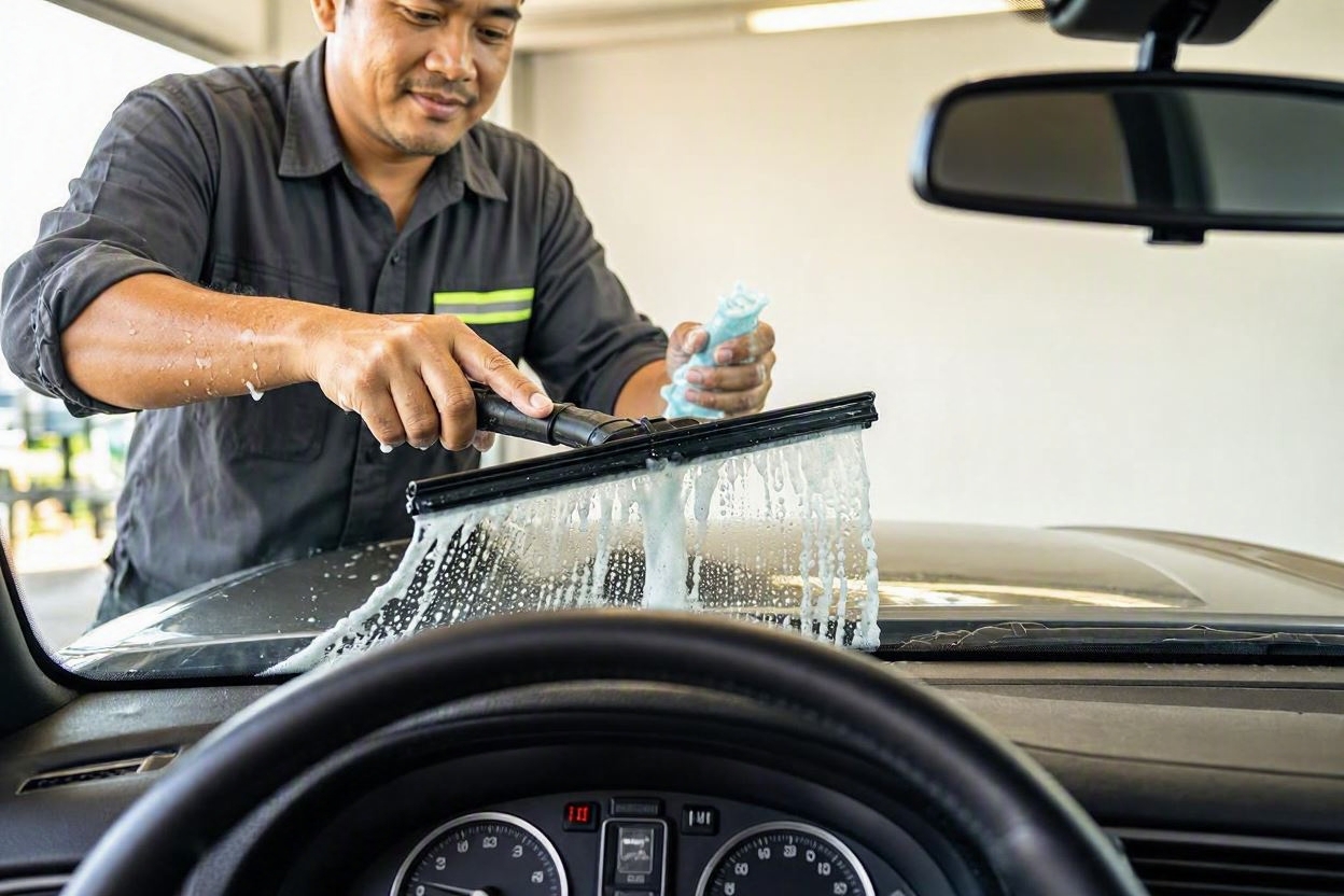 Lube technician washing car windshield during drive-thru oil change service