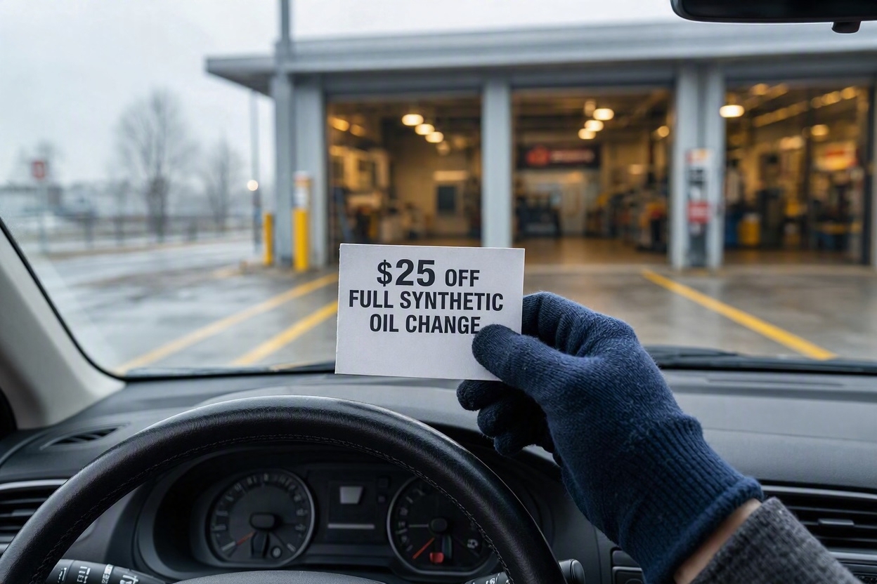 Close-up first person view holding a discount coupon code inside a car parked outside a garage bay