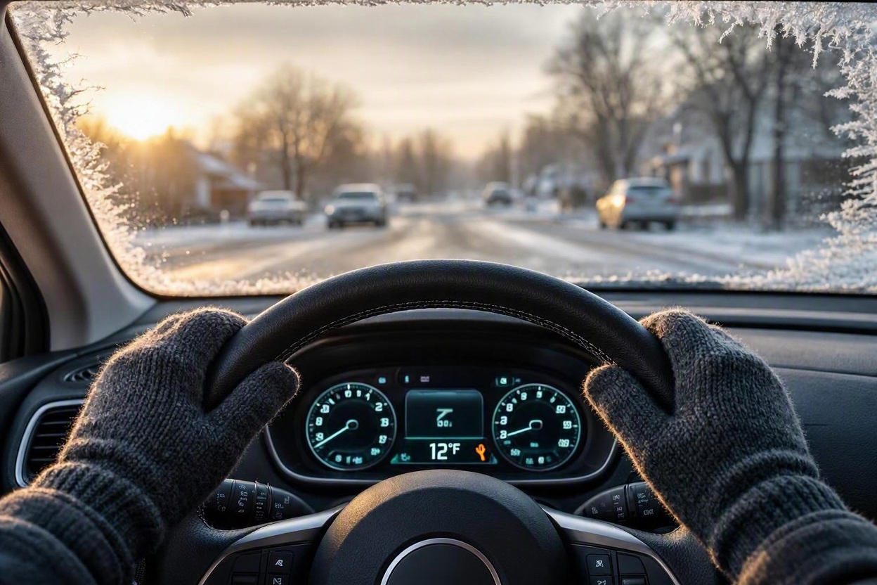 First person driver POV starting a car on a freezing winter morning with frosted windshield and glowing dashboard gauges