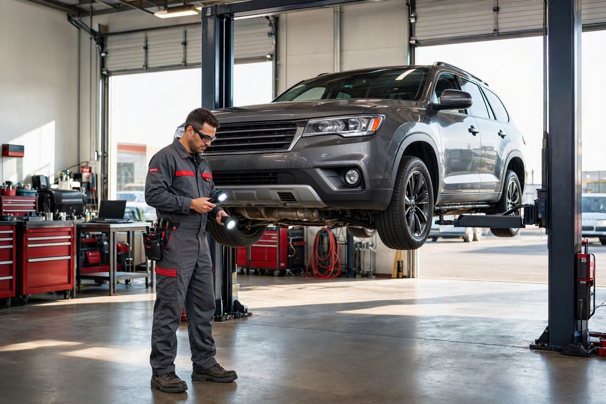 Mechanic inspecting SUV on hydraulic lift at Firestone Complete Auto Care garage bay