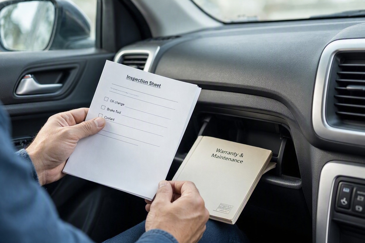 Driver checking printed vehicle maintenance schedule against manufacturer service manual in car