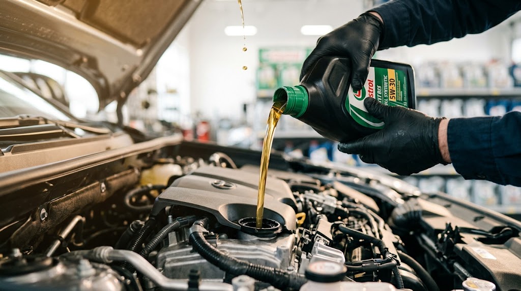 Pouring fresh engine oil into an engine bay during an oil change service