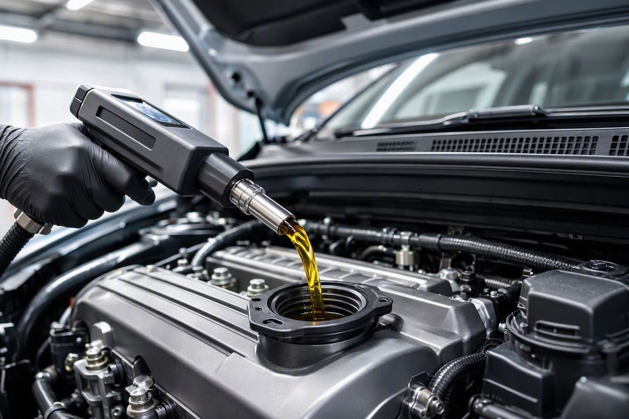 Technician pouring fresh full synthetic motor oil using digital nozzle into engine