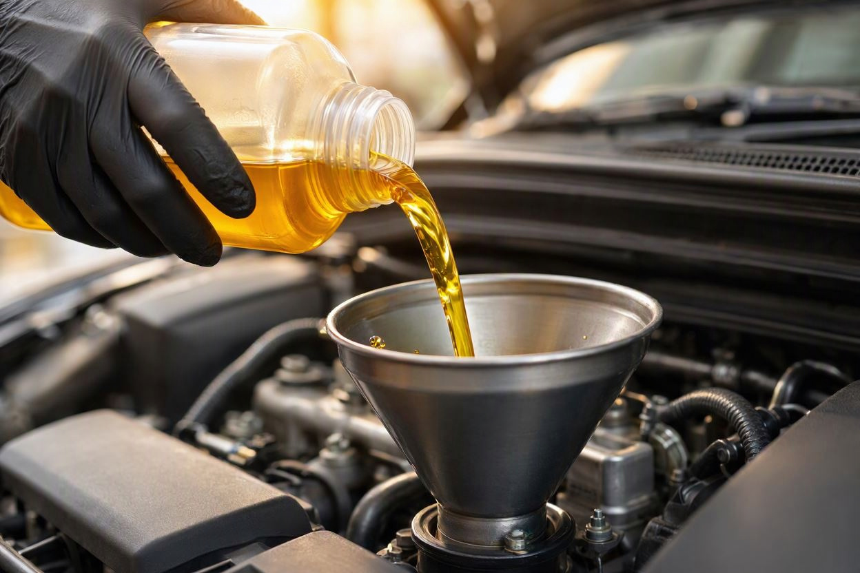 Fresh full synthetic motor oil pouring into engine during routine oil change