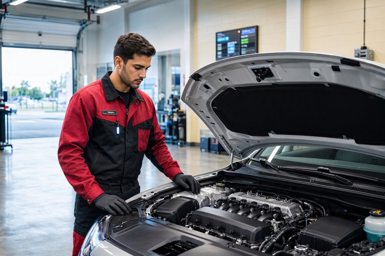Technician performing Jiffy Lube Signature Service under the hood of a car