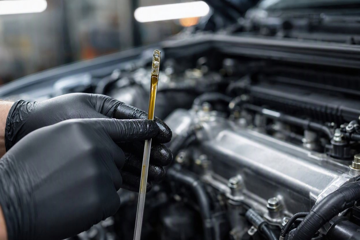 Mechanic checking and refilling full synthetic motor oil during Jiffy Lube Signature Service