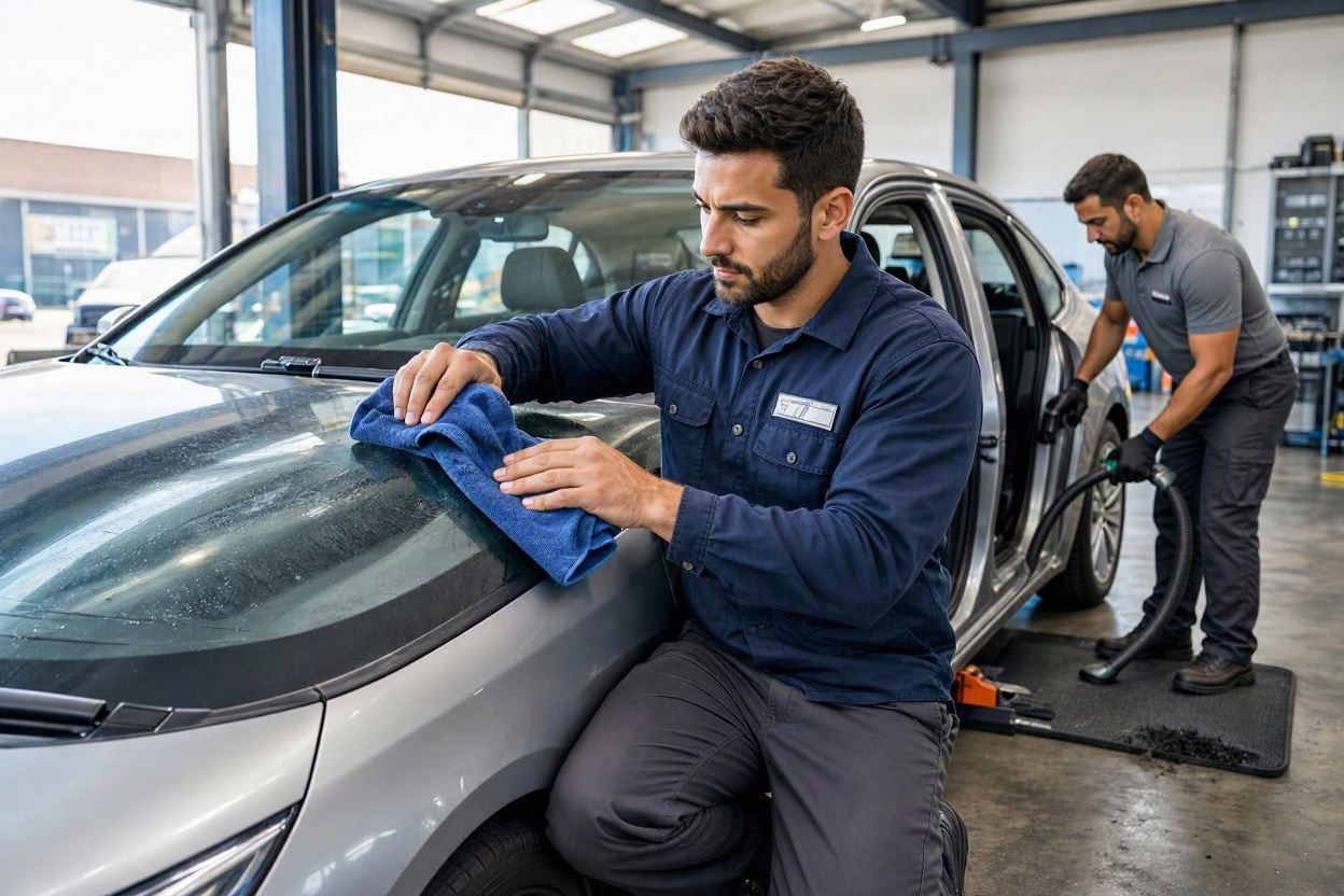Jiffy Lube technician cleaning windshield and vacuuming interior during Signature Service