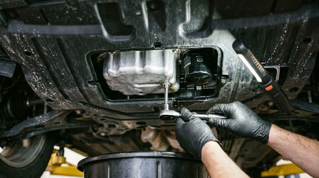 Mazda CX-5 oil drain plug and oil filter location underneath access panel