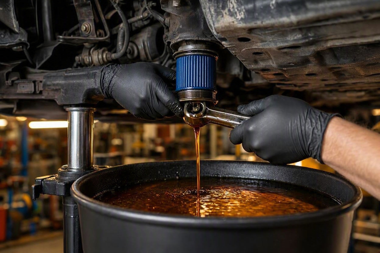 Technician changing oil filter and draining engine oil on hydraulic car lift