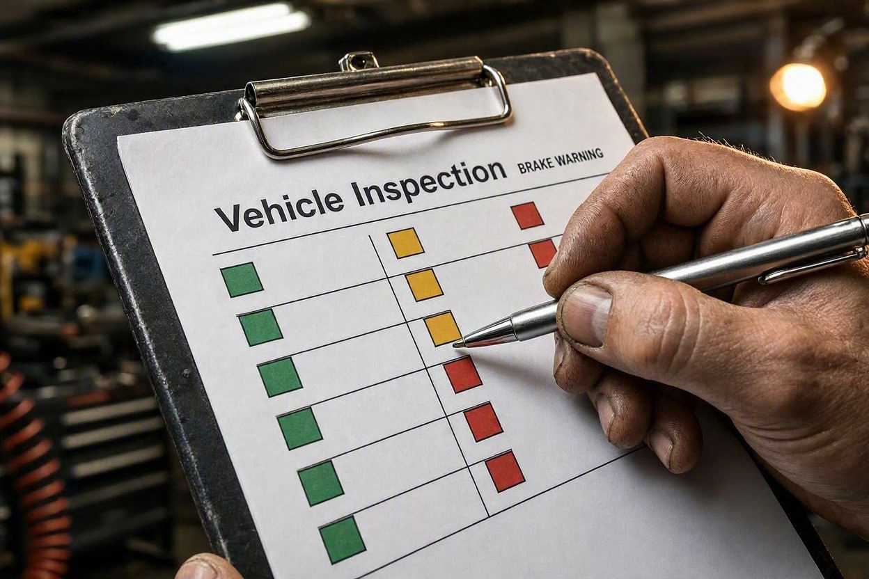 Mechanic pointing at a red warning box on a multi-point inspection clipboard