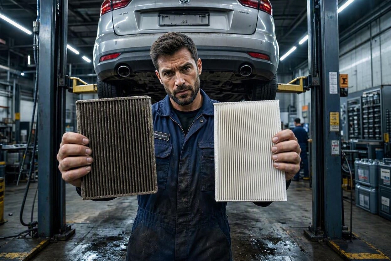 A technician in a quick-lube shop holding up a very dirty cabin air filter next to a new one, simulating an upselling pitch