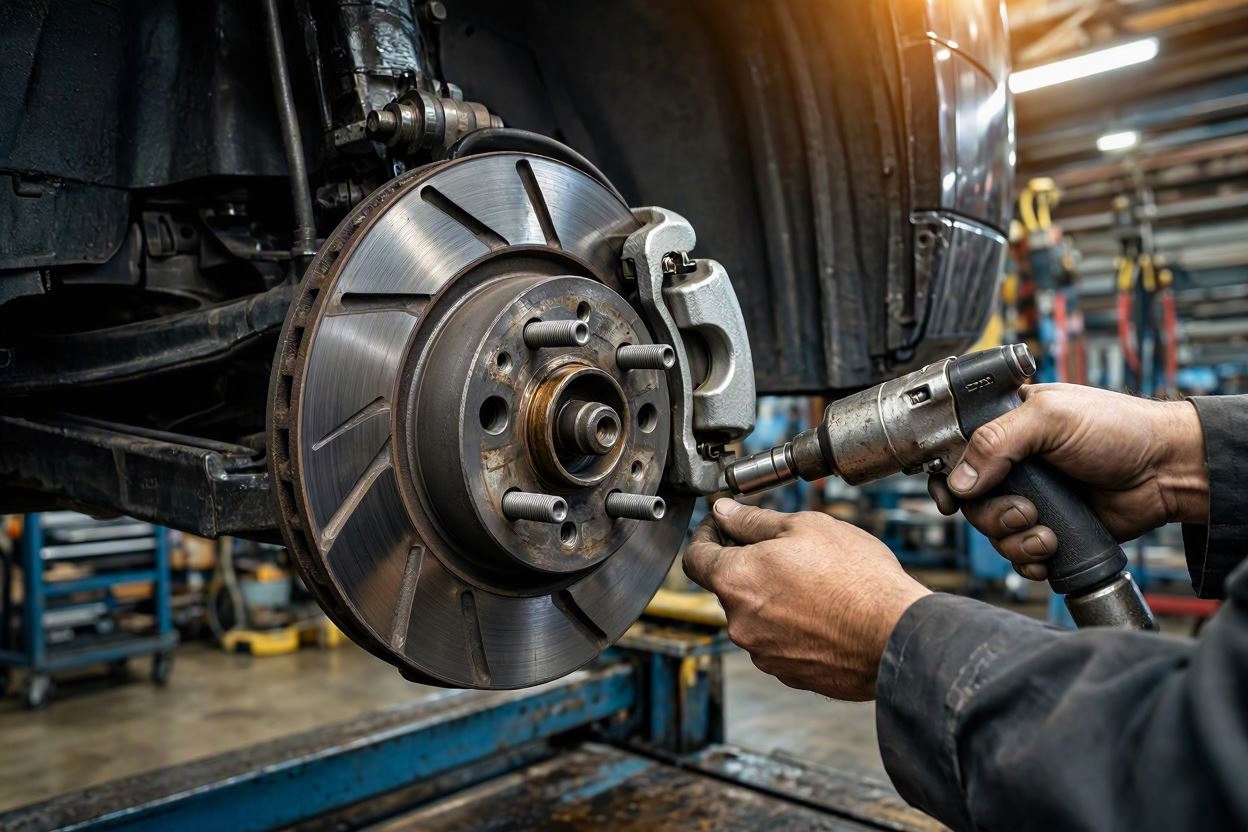 Mechanic inspecting disc brake rotor during complimentary tire rotation service