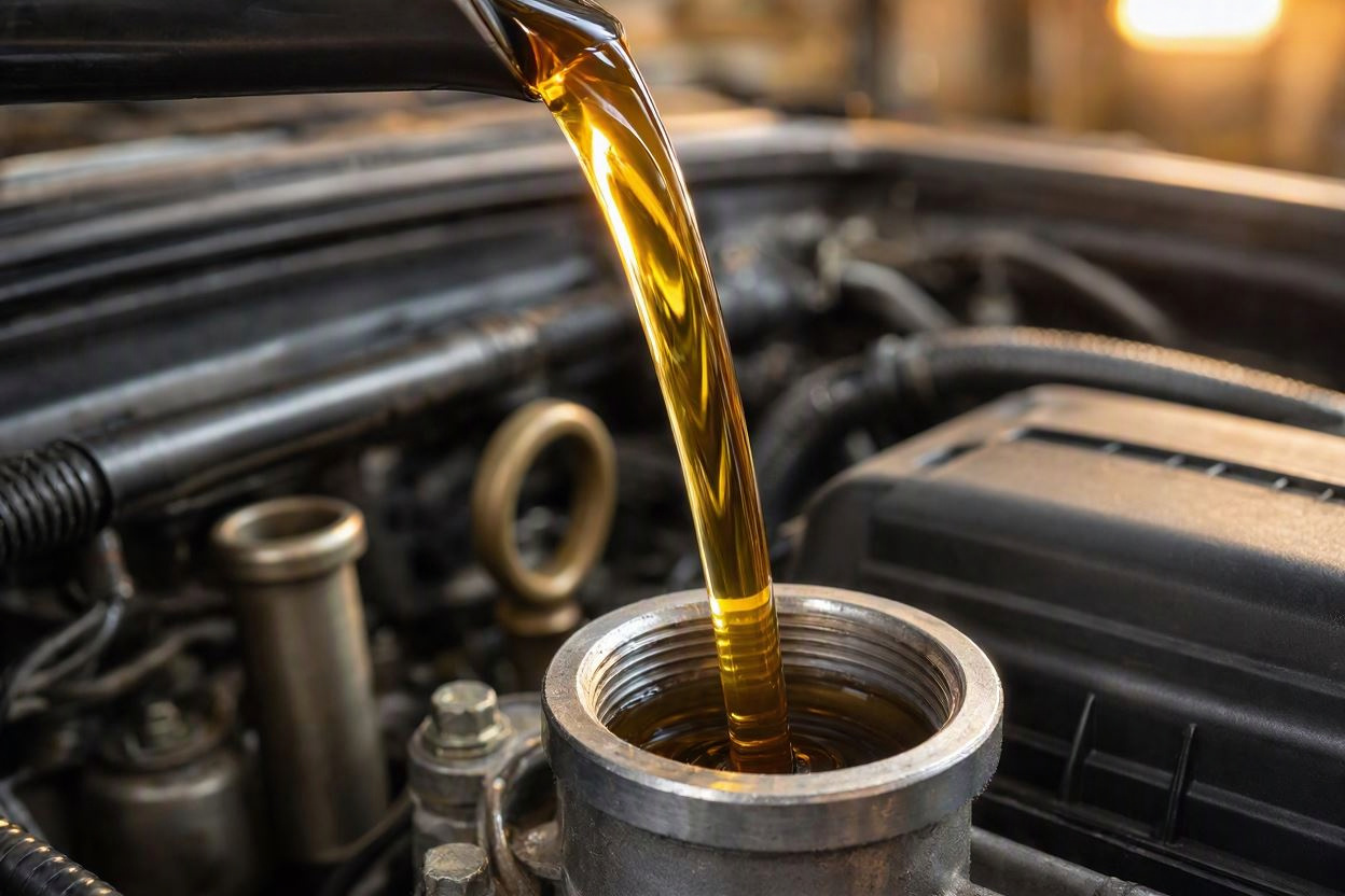 Pouring fresh golden full synthetic motor oil into car engine during service