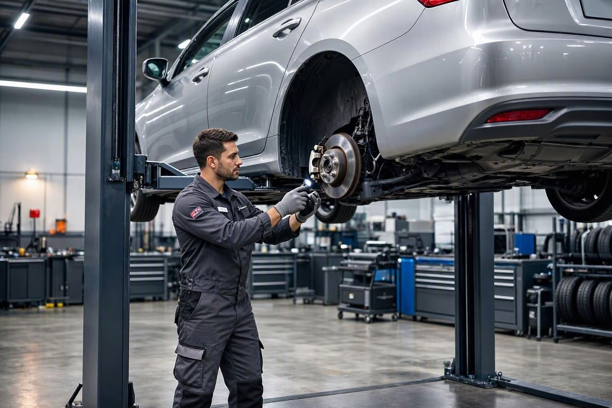 Midas service bay with car on hydraulic lift for oil change and vehicle inspection