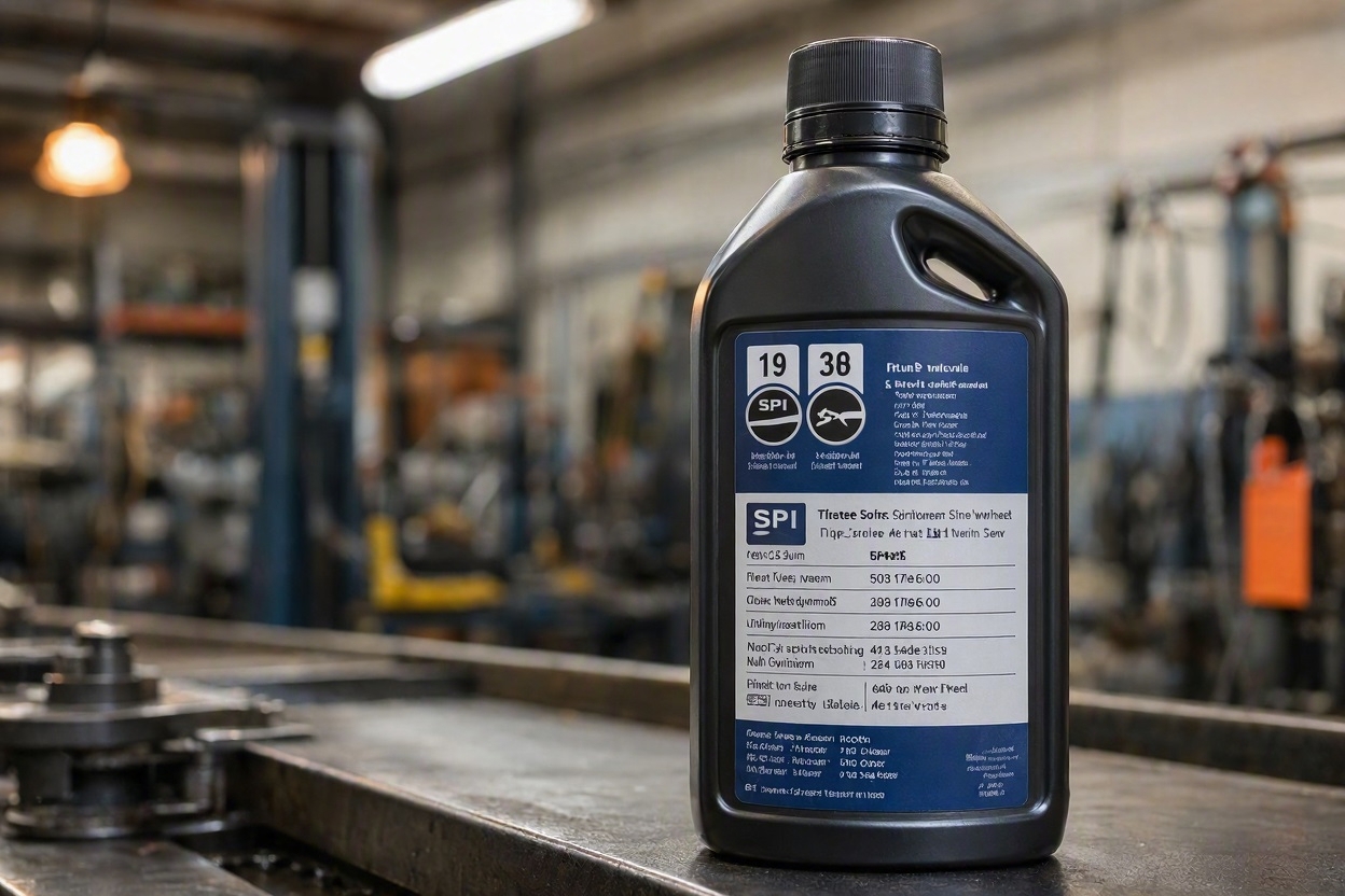 Synthetic motor oil bottle displaying API SP and Dexos specification labels on garage workbench