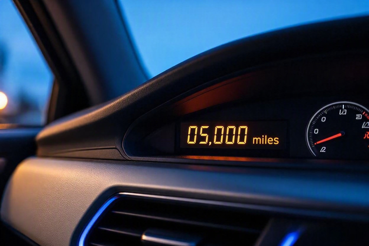 Close up of a modern car digital instrument cluster showing 75000 miles