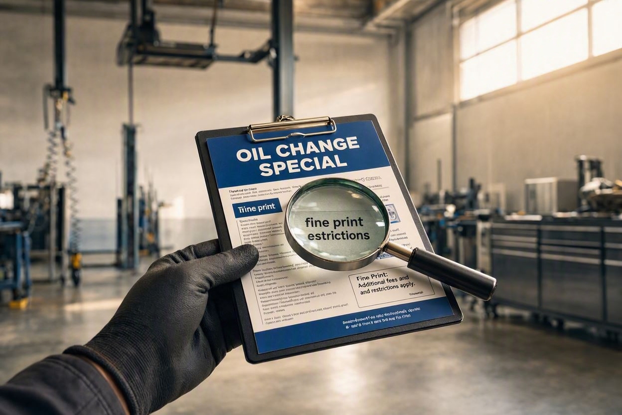 A mechanic's gloved hand holding a clipboard with a magnifying glass revealing the hidden fine print on a discounted oil change coupon