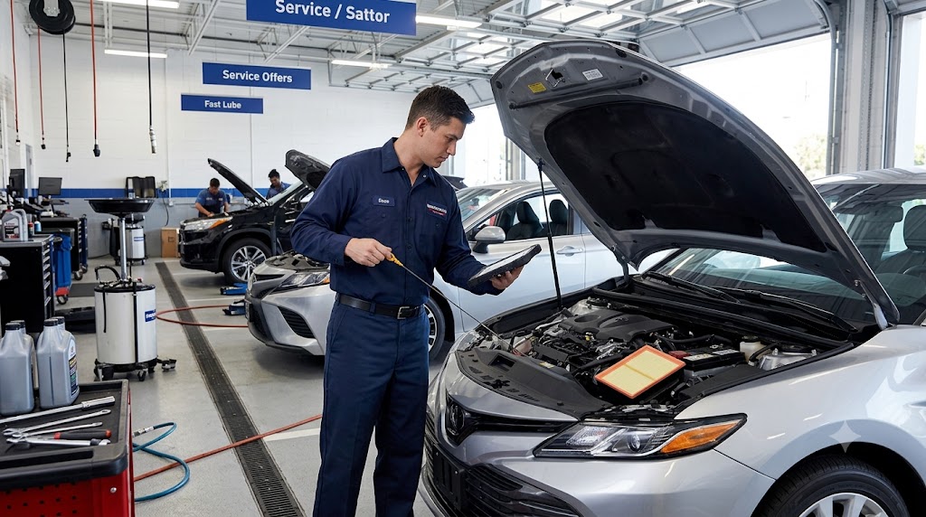 Certified technician performing under-hood fluid and battery inspection at Valvoline Instant Oil Change