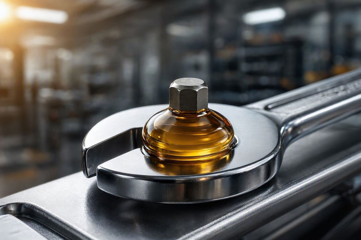Glossy golden drop of motor oil on a mechanic's wrench