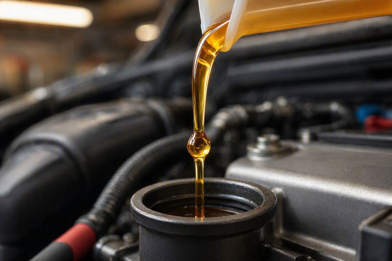 Crystal clear amber synthetic motor oil pouring