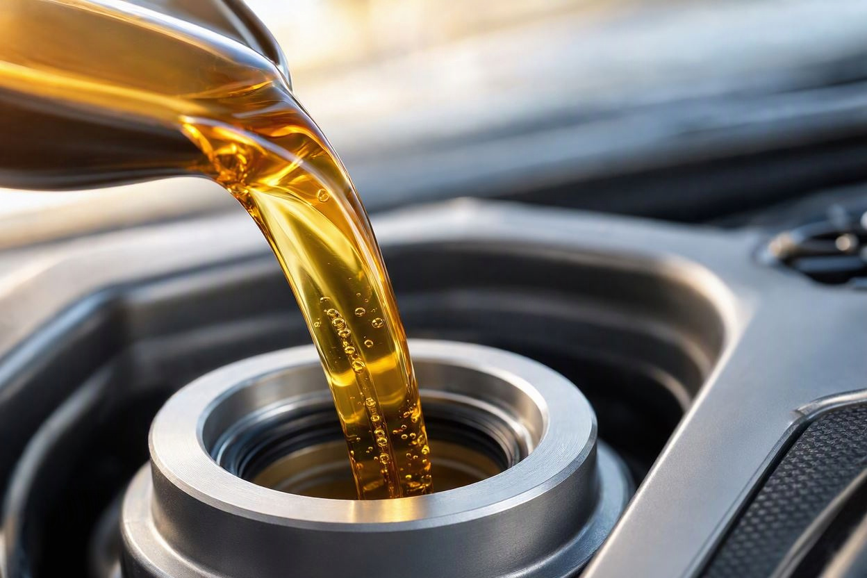 Fresh amber full synthetic motor oil pouring into a modern vehicle engine filler neck