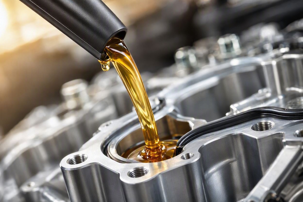 A stream of translucent honey-colored premium synthetic oil pouring into an immaculate modern engine block