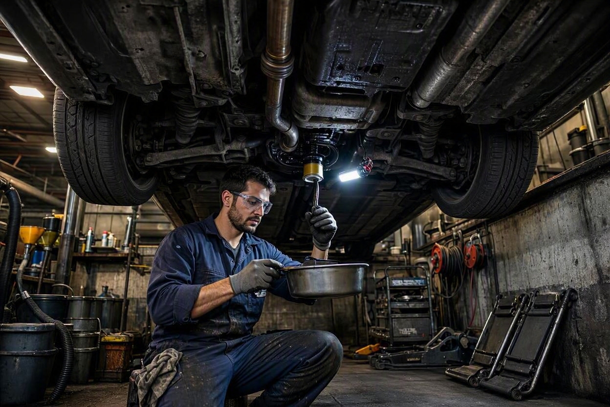 Technician inspecting oil filter from subterranean service pit under vehicle