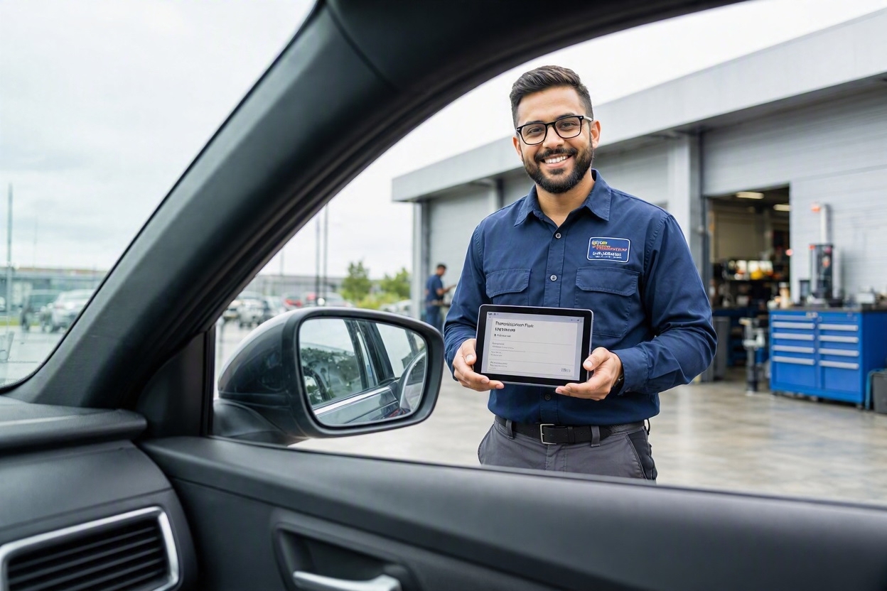Service advisor holding a digital tablet showing a transmission service estimate through the car window