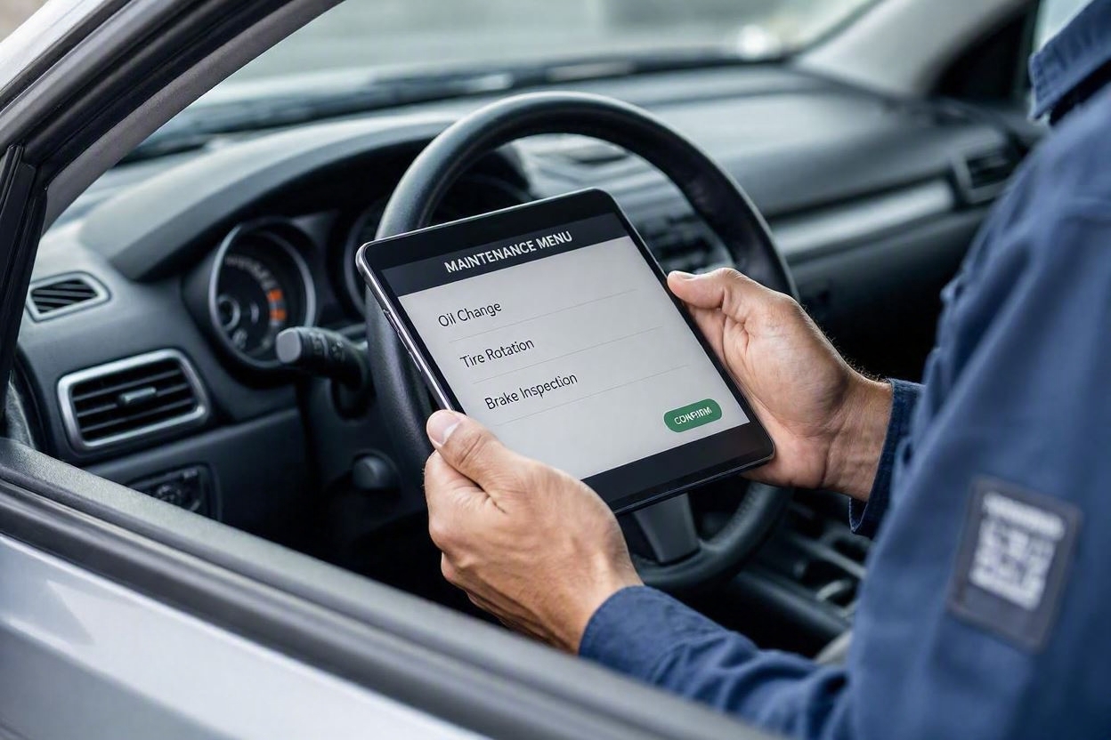 Automotive service advisor showing digital maintenance invoice on a tablet to a driver