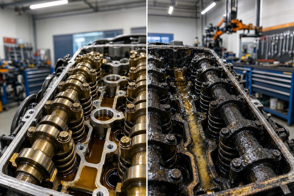 Mechanic inspecting an engine valvetrain showing sludge buildup contrasted with clean metal components