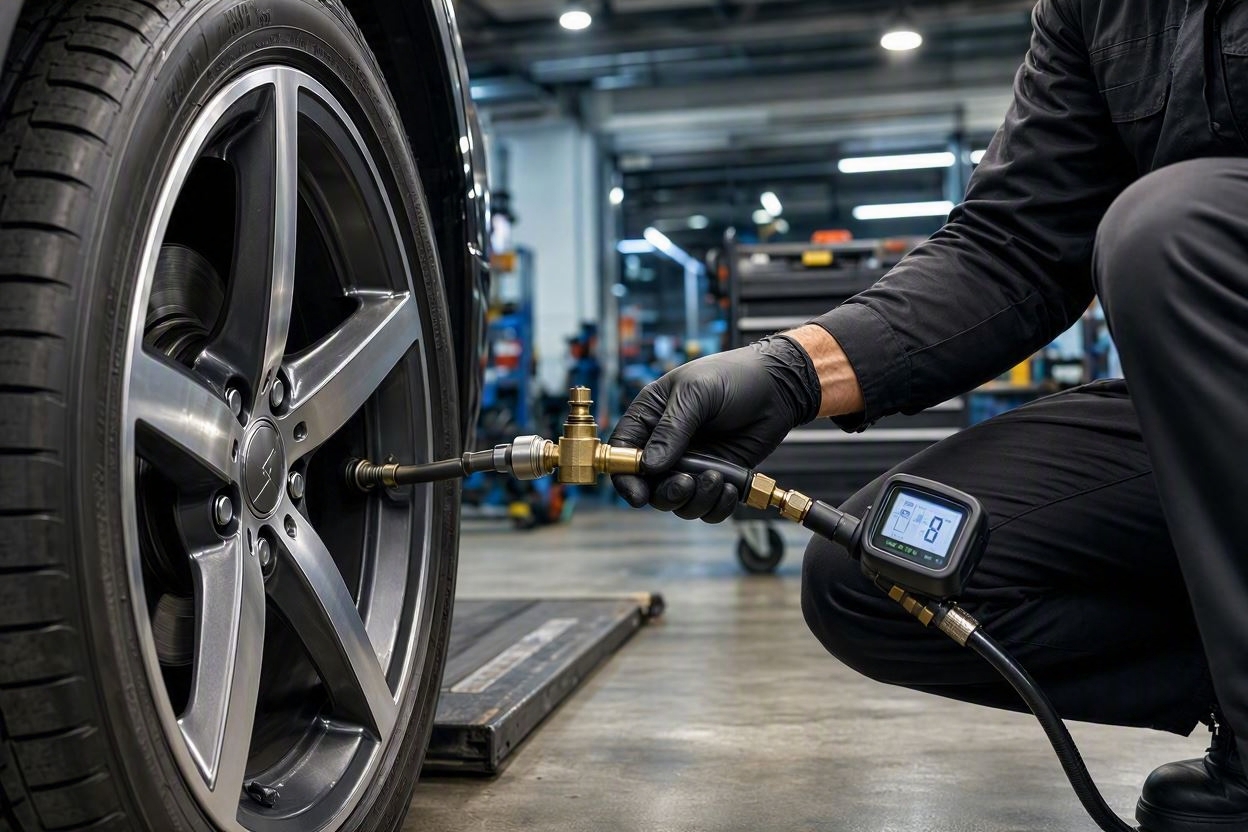 Technician attaching tire inflator gauge to valve stem on wheel rim at service bay